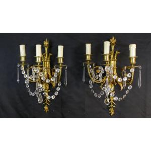 Pair Of Napoleon III Sconces With Phoenixes In Gilt Bronze And Crystal, XIXth