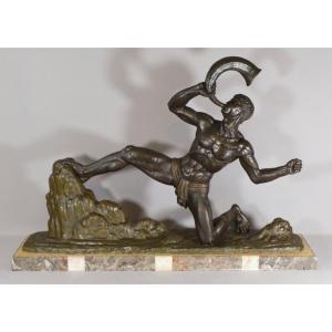 Lucien Gibert, Warrior At The Olifant, Art Deco Bronze Patinated Metal Sculpture