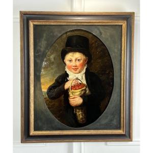 Painting / Oil On Oval Canvas / Painting "a Child Eating Strawberries"