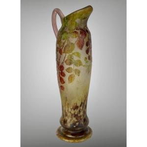 Daum Nancy / Large Green And Red Foliage Jug In Engraved Multilayer Glass