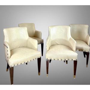 Suite Of 4 Vintage Armchairs In Art Deco Style In Beige Croco Leather