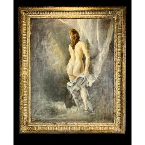 Table / Painting / Oil On Canvas Representing A Naked Woman / Signed