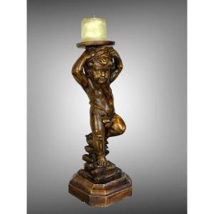 Old Statue In Terracotta Imitation Wood With Decor Of Putto Standing 49 Cm