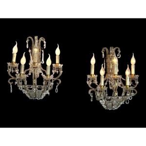 Pair Of Venetian Sconces A 5 Lights In Golden Metal / Pearls / Crystals