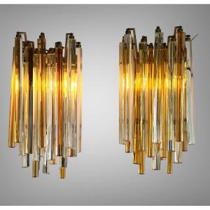 Pair Of Crystal Sconces Called "cascade" Vintage Murano By Paolo Venini
