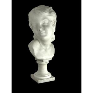 Bust In White Carrara Marble Signed L.varo Representing A Child's Head