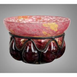 Signed Schneider Cup In Pink And Parma Opalescent Glass / Wrought Iron Frame