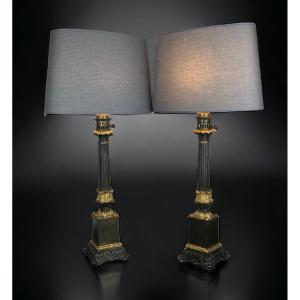 Pair Of Carcel Lamps From The Restoration Period In Sheet Metal And Chiseled And Gilded Bronze