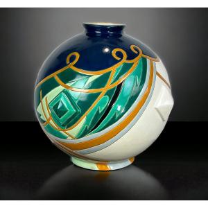 Large Globular Earthenware Vase From Longwy "trianon Model" Art Deco Style