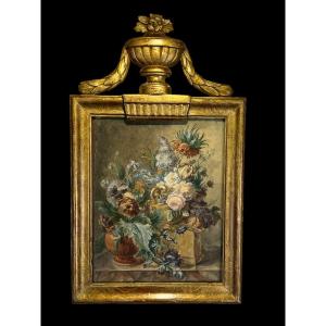 18th Century Frame In Carved And Gilded Wood And 18th Century Watercolor With Floral Decor Signed