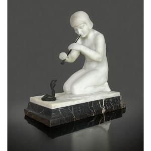 “guglielmo Pugi” Sculpture In White Art Deco Marble (snake Charmer)