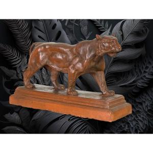 Ancient Terracotta Sculpture Representing A Walking Lioness Signed "bary"