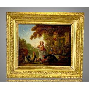 18th Century Table/painting/oil On Canvas (relined) “the Basse Cour”