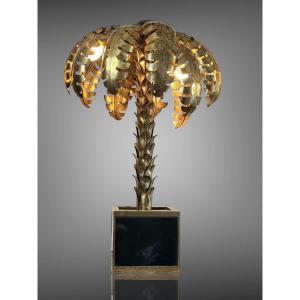 Palm Tree Lamp In Golden Metal With Glass Plate Base 1970s Style