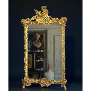19th Century Mirror In Wood And Gilded Stucco, Louis XV Style (pediment With A Bird)