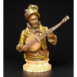 Pietro Calvi 1833 - 1884 "the Menestrel" Man Playing The Banjo In Patinated Regule