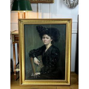 Large Art Nouveau Pastel Painting Signed "j.moubrey" Portrait Of Woman In Black
