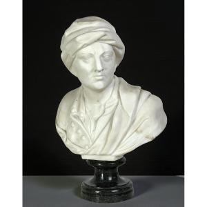 Antique Carved White Marble Bust Mounted On Black Marble Base