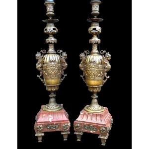 Pair Of Large Barbedienne Quality Patinated Bronze Lamps / Marble Base
