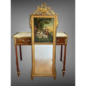 Antique Louis XVI Trumeau In Gilded And Carved Wood With Very Beautiful Painting
