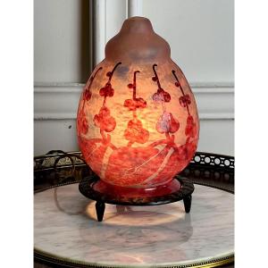 French Glass / Al Acid Etched Glass Paste Lamp With Flower Decor