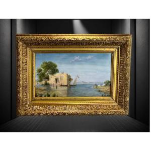 Painting / Painting On Ceramic Plate "oriental Lake Scene" Framed