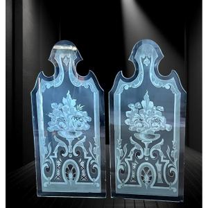 Pair Of 1900s Bistro Windows In Frosted And Acid Etched Glass