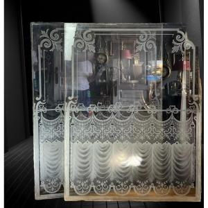 Large Pair Of Antique Bistro Windows In Frosted And Acid Etched Glass