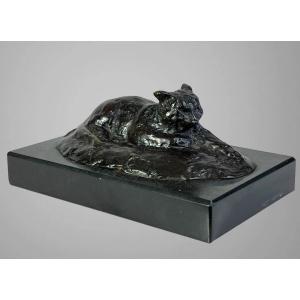 Antique Bronze Representing A Lying Cat Signed With The Monograms "mp"