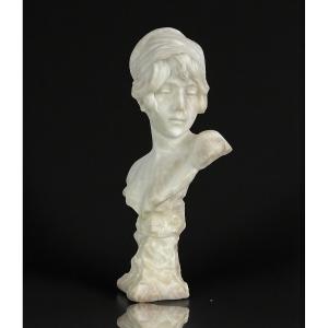 Large Bust Of A Young Girl Signed And Numbered "georges Morin" In Alabaster