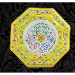 Octagonal Enameled Copper Dish "chinese Canton 19th Century" Qing Dynasty