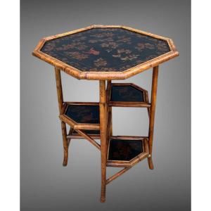 Bamboo Wood Coffee Table With Painted Leather Top Decorated With Flowers
