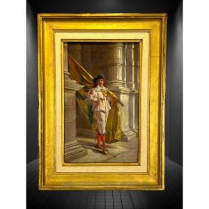Oil On Wooden Panel "flag Bearer Of The Flemish Civic Guard"