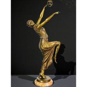 Art Deco Polychrome Enameled Bronze Signed By Joe Descomps 64 Cm High