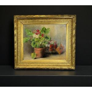 Oil On Canvas Signed "louise Jassogne" Still Life Primroses And Dahlias