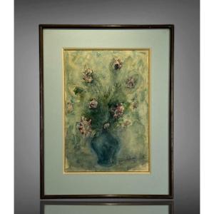 Watercolor Under Glass Signed By "a. Coudert" The Bouquet Of Flowers "