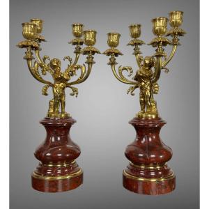 Pair Of 4-light Gilt Bronze Candelabra On A Griotte Marble Base