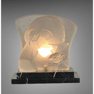 Art Deco Period Lamp In Glass Paste On Marble Base "woman's Face"