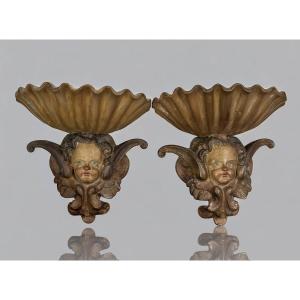 Pair Of Antique 19th Century Patinated Plaster Holy Water Fonts Decorated With Winged Cherubs
