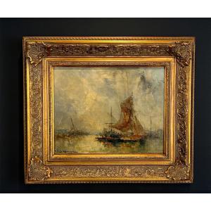 Painting / Oil On Panel By Jean Etienne Karnec 1865-1934 (boats In Port)