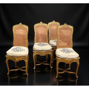 Set Of 4 Louis XV Style Carved And Gilded Caned Chairs, 19th Century