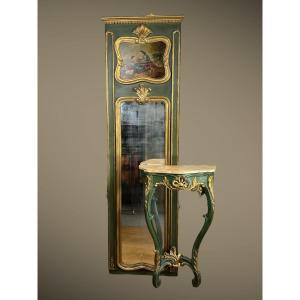 Antique Console And Trumeau In Painted Wood With Onyx Top In Louis XV Style