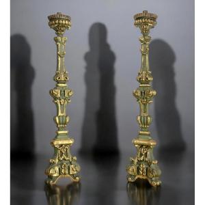Pair Of Large Louis XIV Period Candlesticks In Painted And Gilded Wood From The 17th Century
