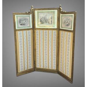 Antique 3-leaf Screen In Carved And Gilded Wood Decorated With 19th Century Engravings