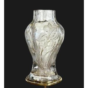 "edouard Enot" Cut Crystal Vase In Cameo Decorated With An Iris Mounted On Bronze