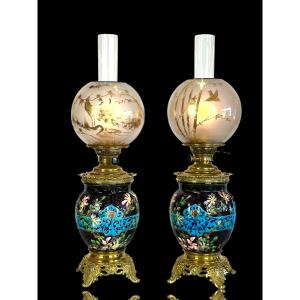 Pair Of Earthenware / Cloisonné Enamel Lamps "bordeaux Vieillard" Napoleon III