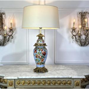Large Antique Paris Porcelain Lamp With 3 Floral Decors And Bronze Decorations