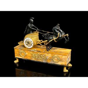 Empire Clock In Bronze With 2 Patinas And Siena Marble "chariot Clock 1880"
