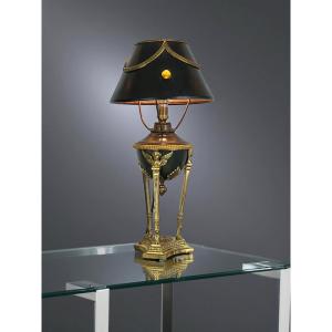 Antique Empire Style Lamp In Bronze And Brass With Decorated Sheet Metal Shade
