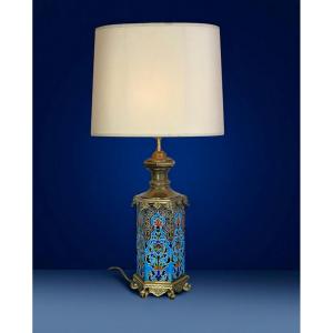 Antique Earthenware Lamp, Vieillard Bordeaux? Or Longwy? Decorated With Bronze